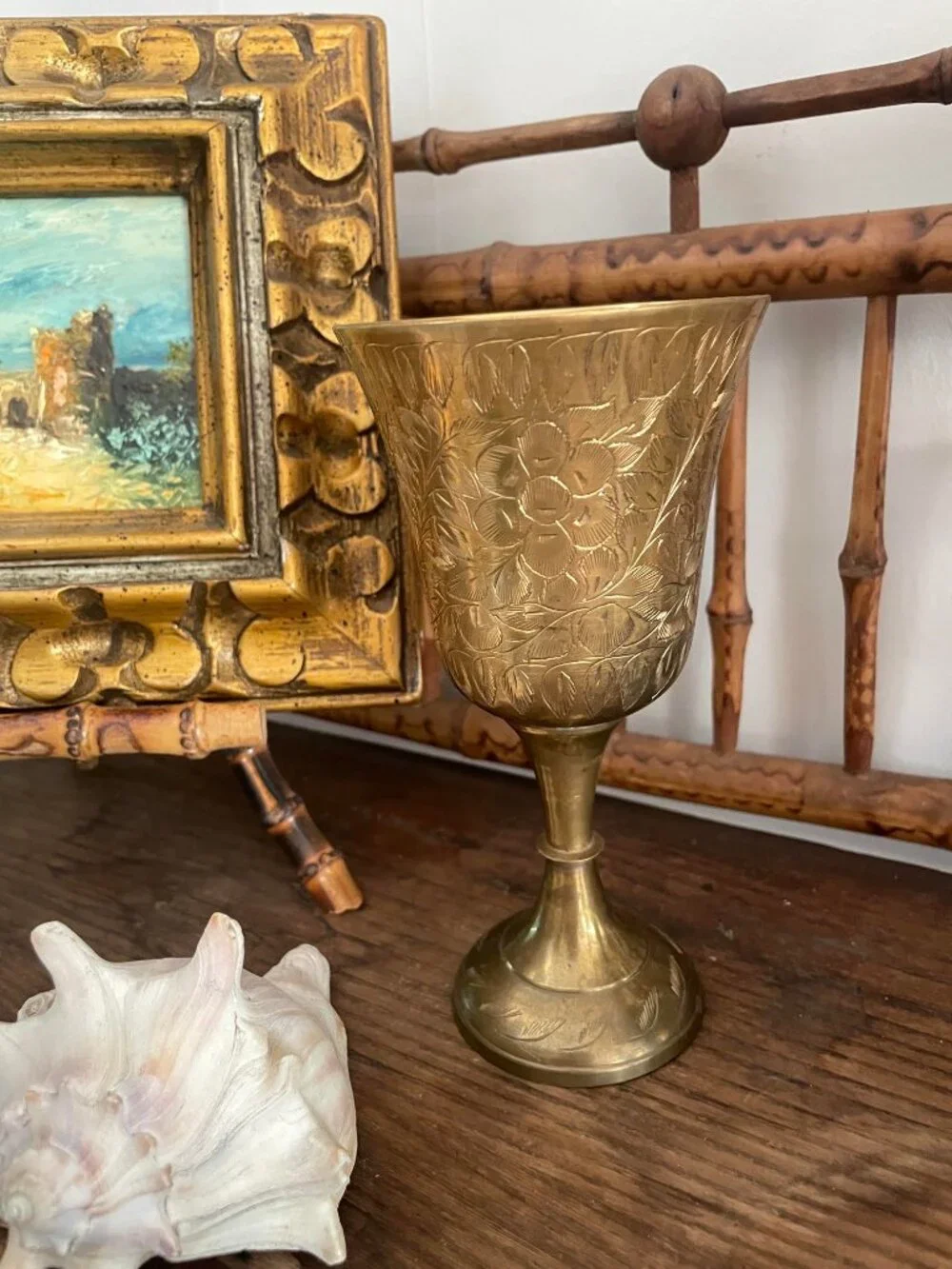 3 piece Vintage Brass Decor Collection Hammered Brass Bowl, Goblet & cachepot